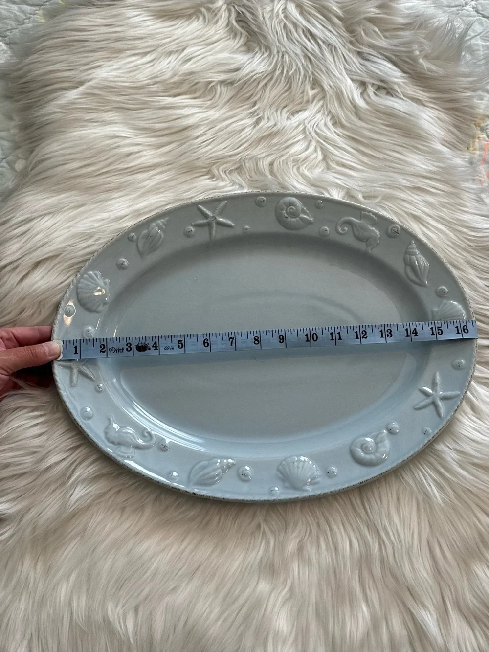 Vintage Nantucket Home Pale Blue Oval Sea Life Embossed Serving Platter